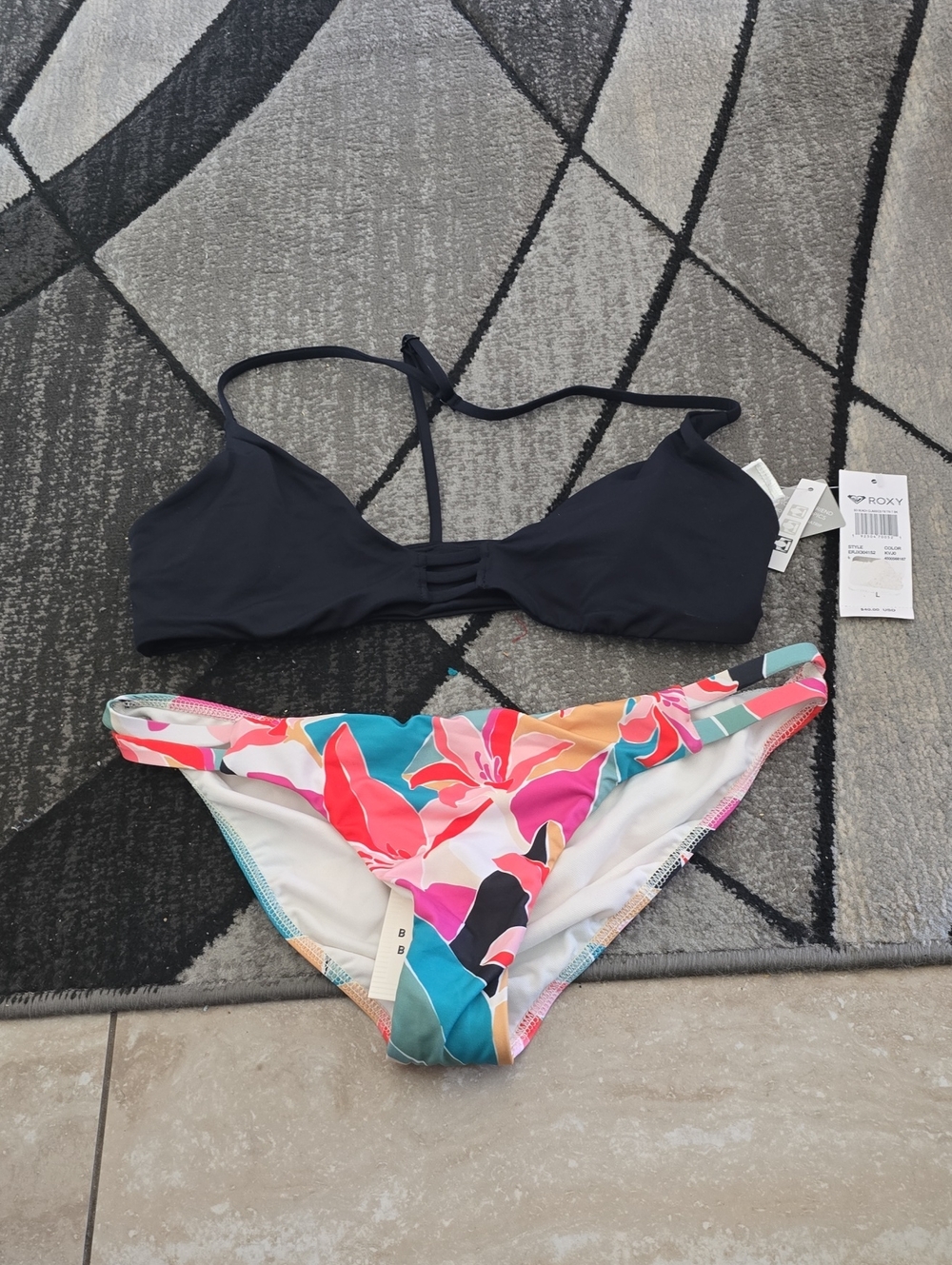 Roxy Black Strappy Bikini Top with Billabing  Multicolor Floral Bottom Sz Lg Nwt